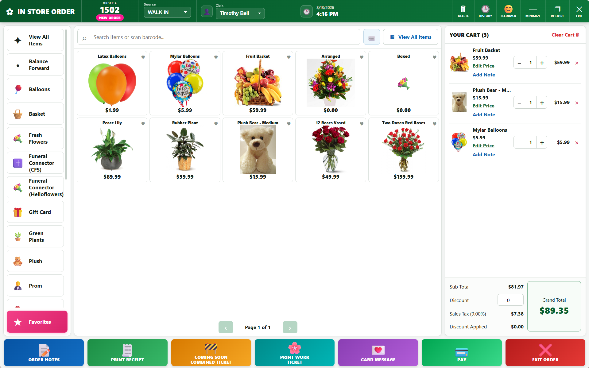 The Floral POS InStore Touch Order Screen