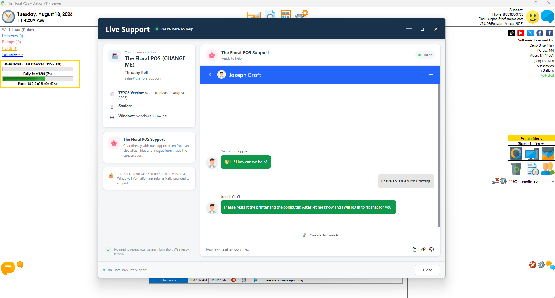 The Floral POS Built-In Support Chat