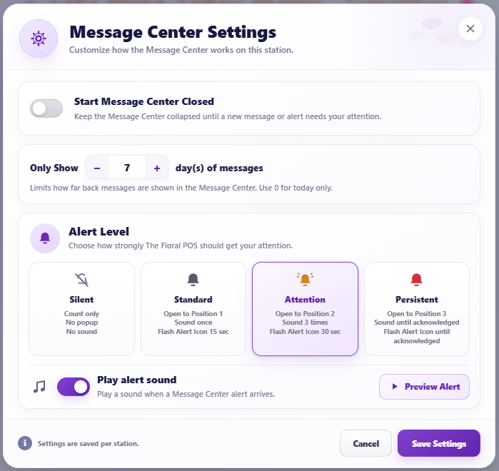 The Floral POS Message Center Alert Settings